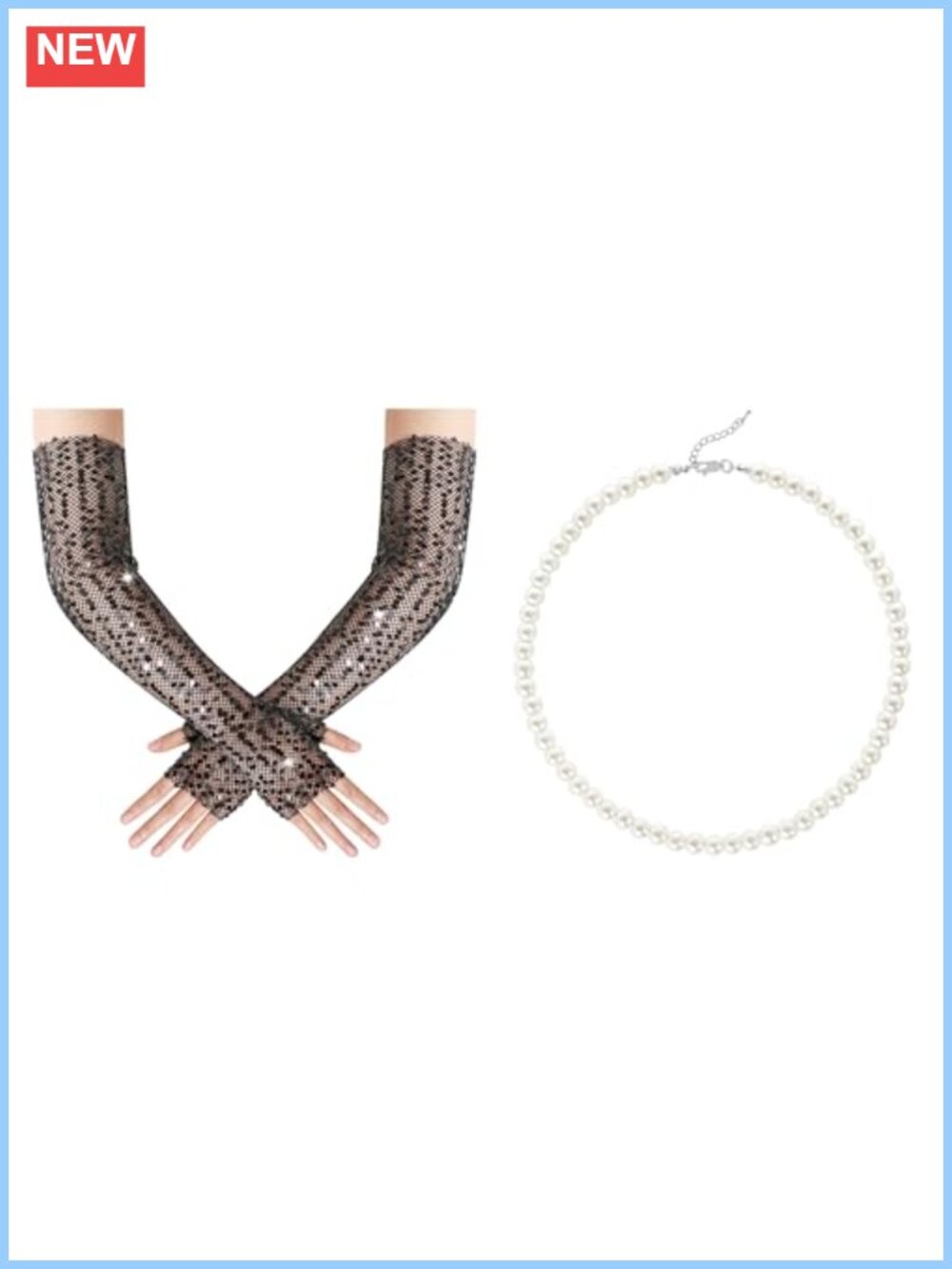 Long Fingerless Sequin Glitter Gloves & Faux Pearl Necklace Opera Set